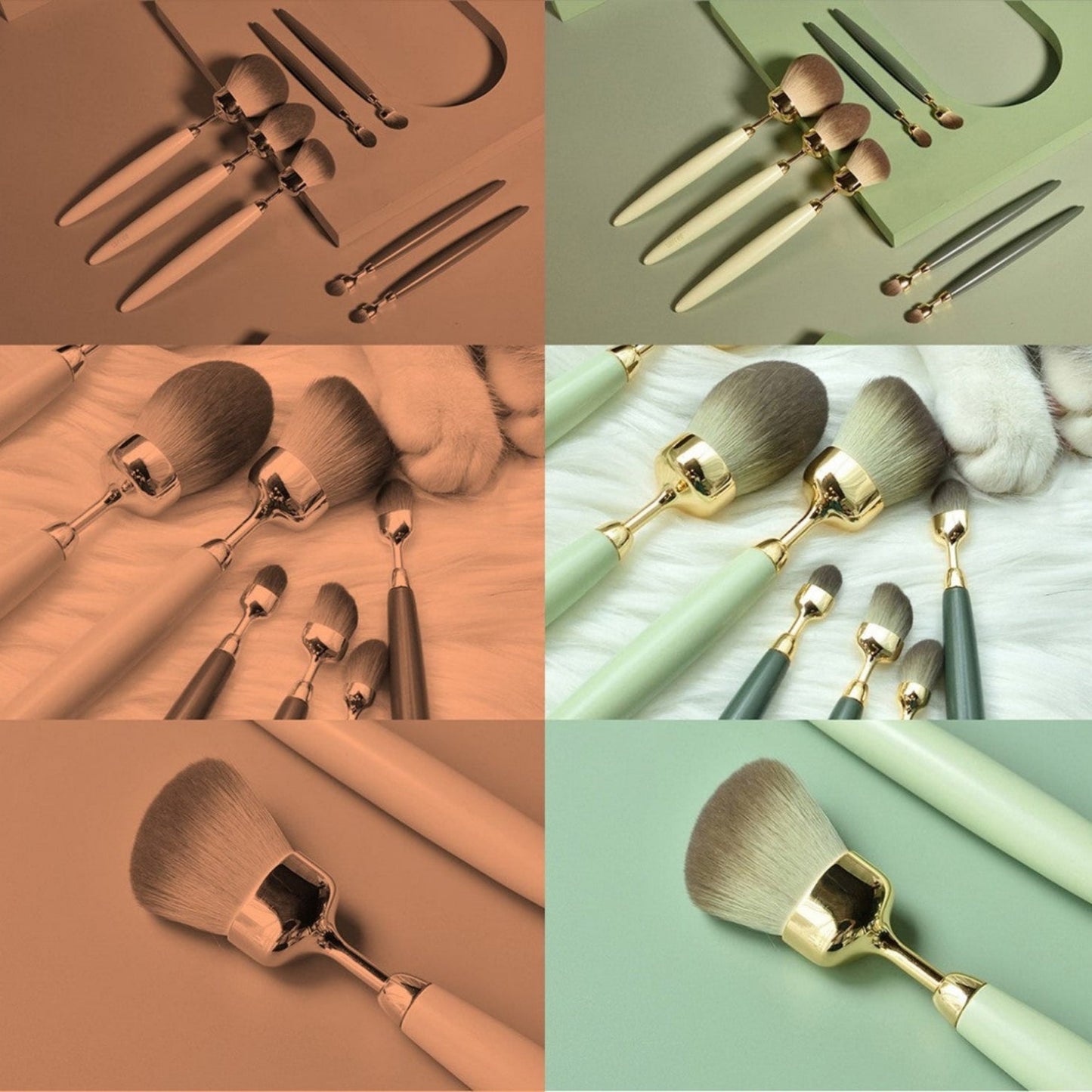 Collage of makeup brushes with gold accents on a multicolored background