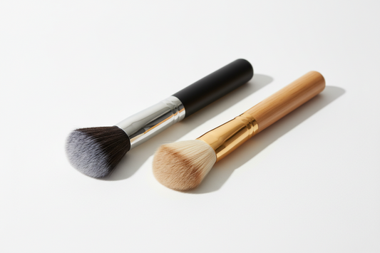 Two makeup brushes, one with a black handle and gray bristle, the other with a wooden handle and beige bristle, on a light background.