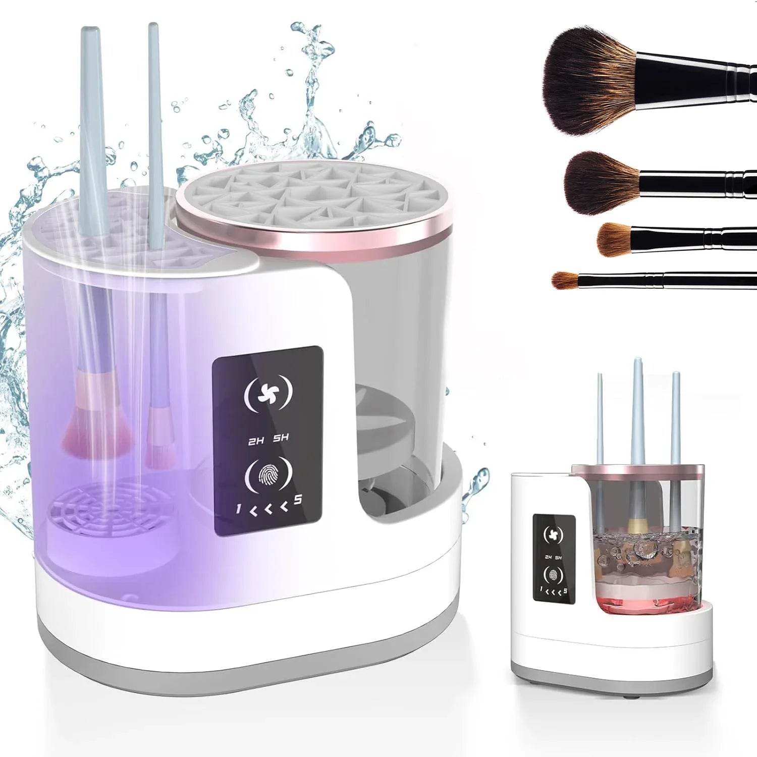 Makeup brush cleaner with brushes on a white background