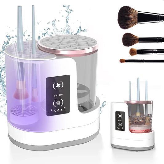 Makeup brush cleaner with brushes on a white background