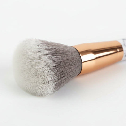 Close-up of a makeup brush with a gold handle on a white background
