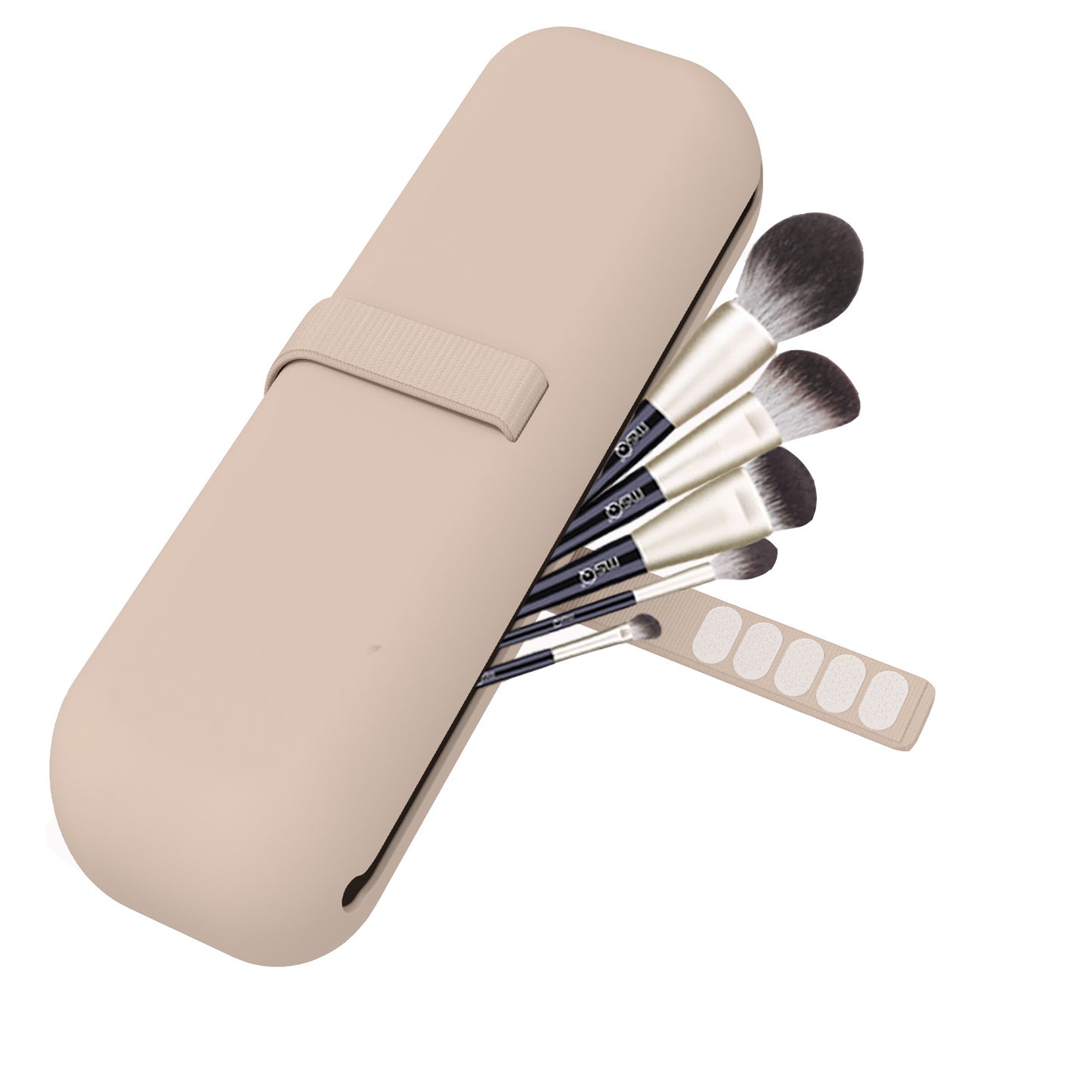 Set of makeup brushes with a beige case on a white background