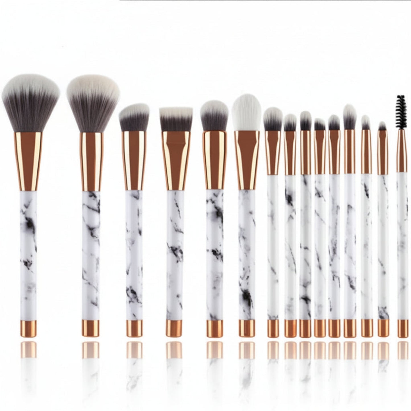 Set of 15 makeup brushes with marble handle design on a white background