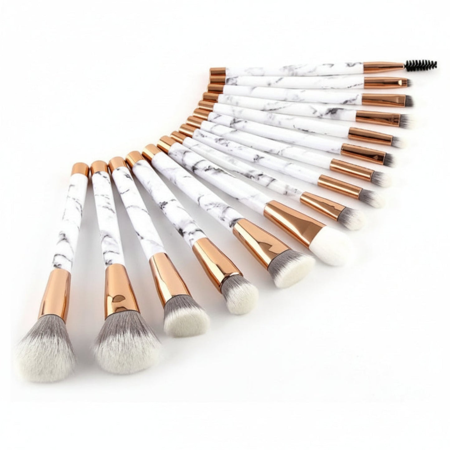 Set of 15 marble and rose gold makeup brushes on a white background
