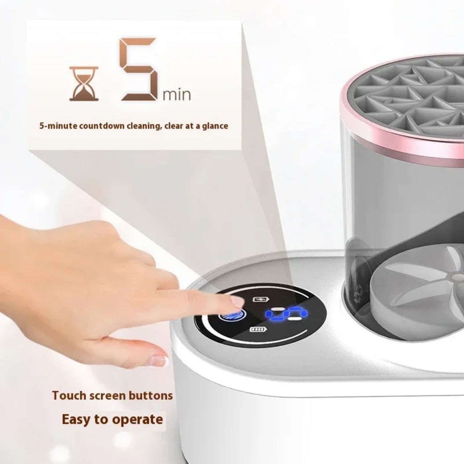 Hand pressing a button on a makeup clean brushes with text about 5-minute cleaning time and touch screen buttons.