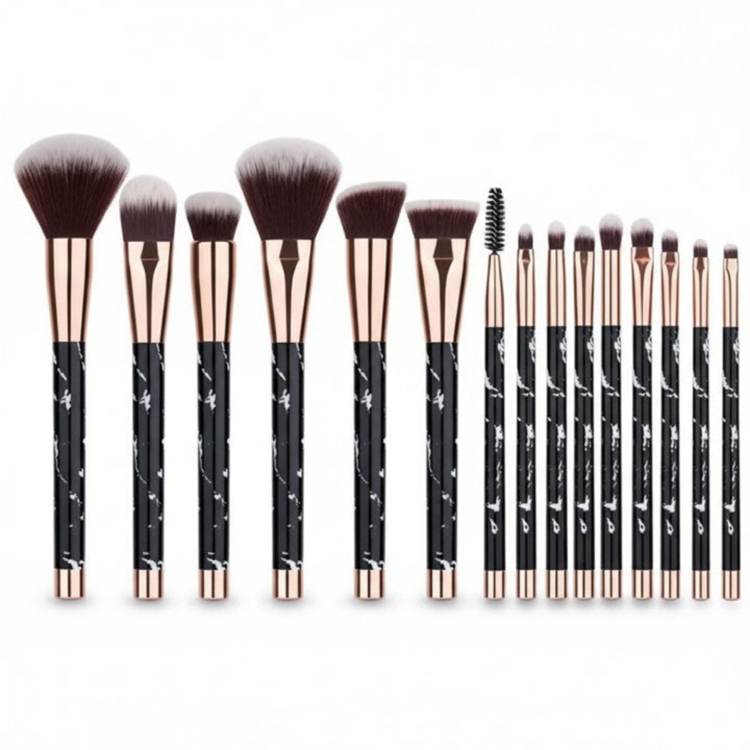 Set of makeup brushes with black and rose gold handles on a white background