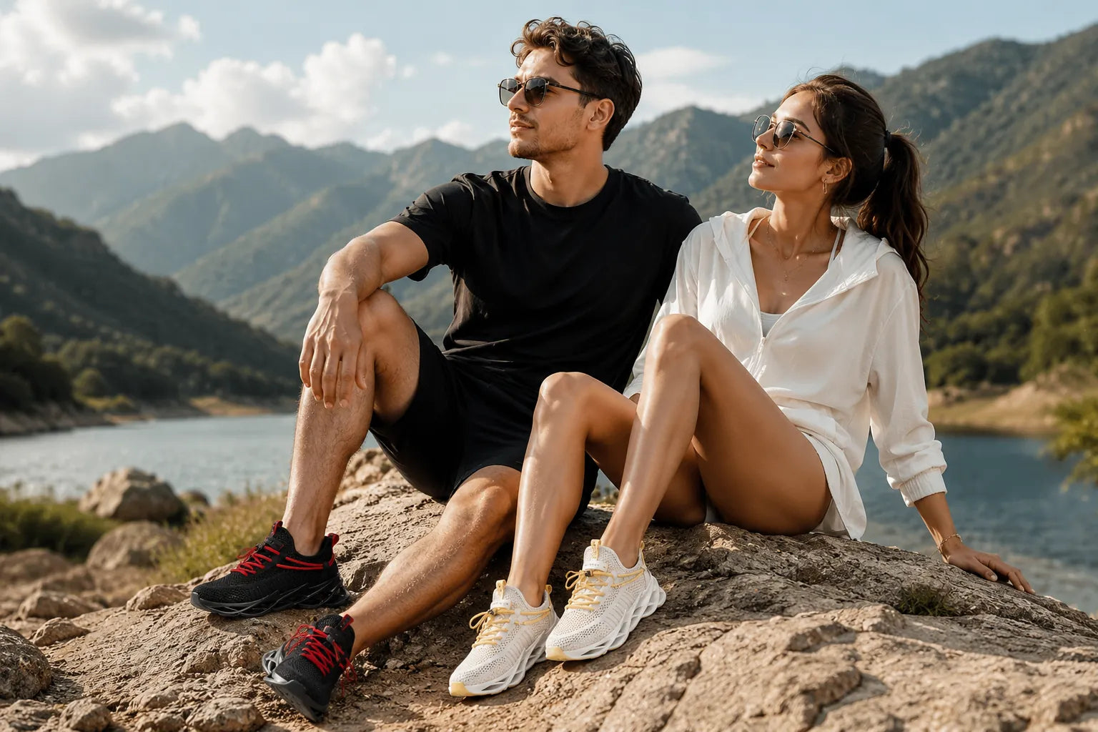 Two people wearing STANDDRAFT AirBlade and sitting on a rock with mountains and a lake in the background