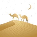 Two camels on a sand dune with a crescent moon and stars in the sky.