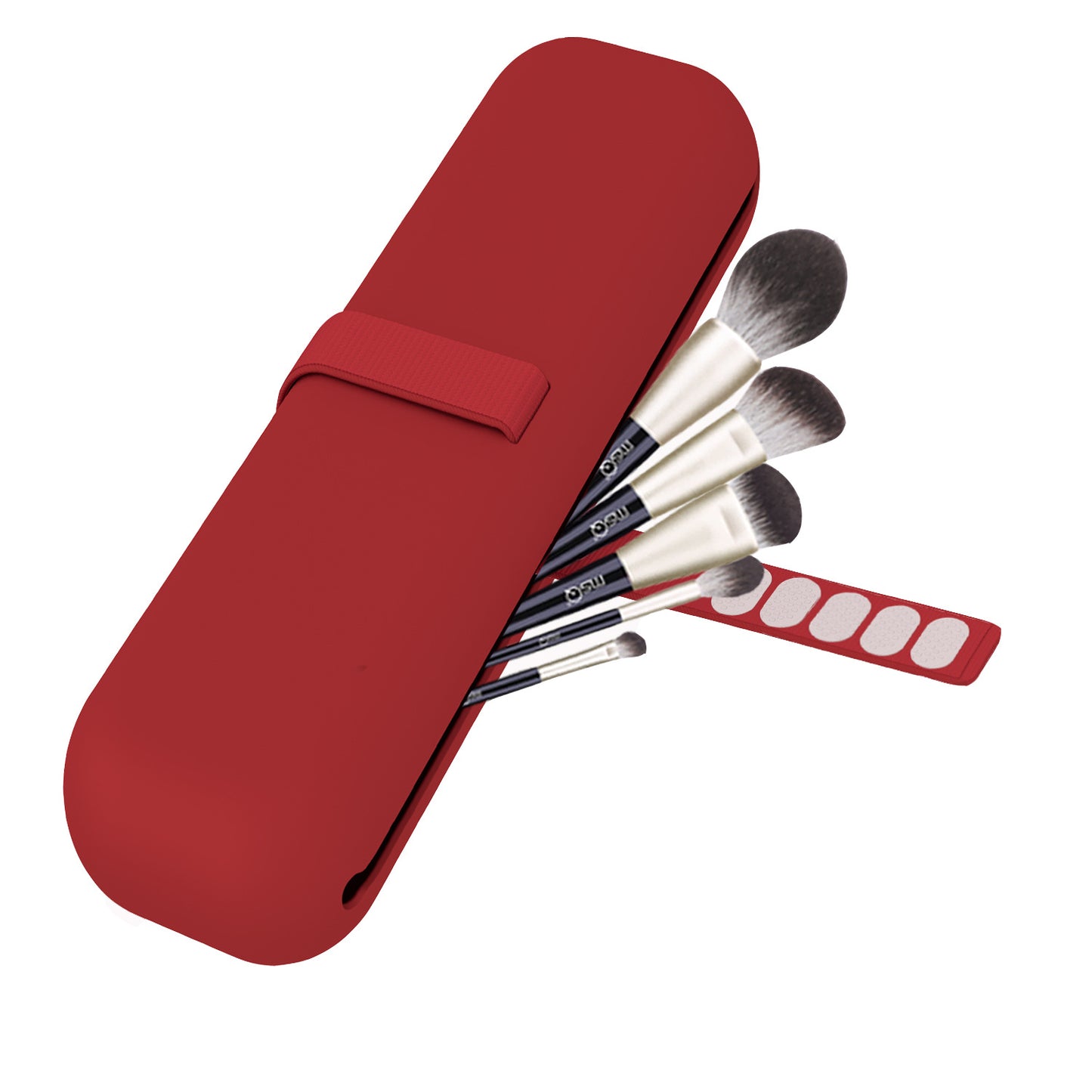 Set of makeup brushes in a red case on a white background