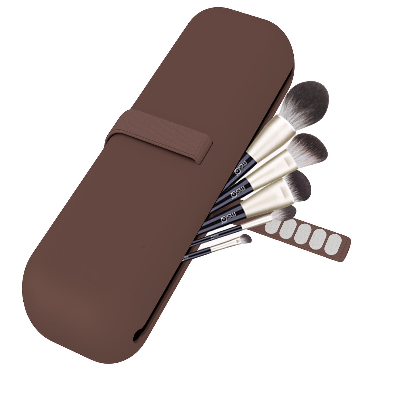 Set of makeup brushes with a brown case on a white background