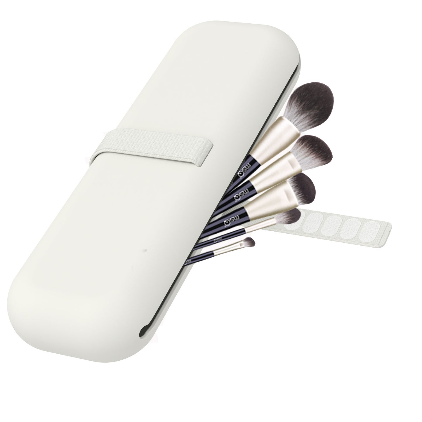 Set of makeup brushes in a white case on a white background