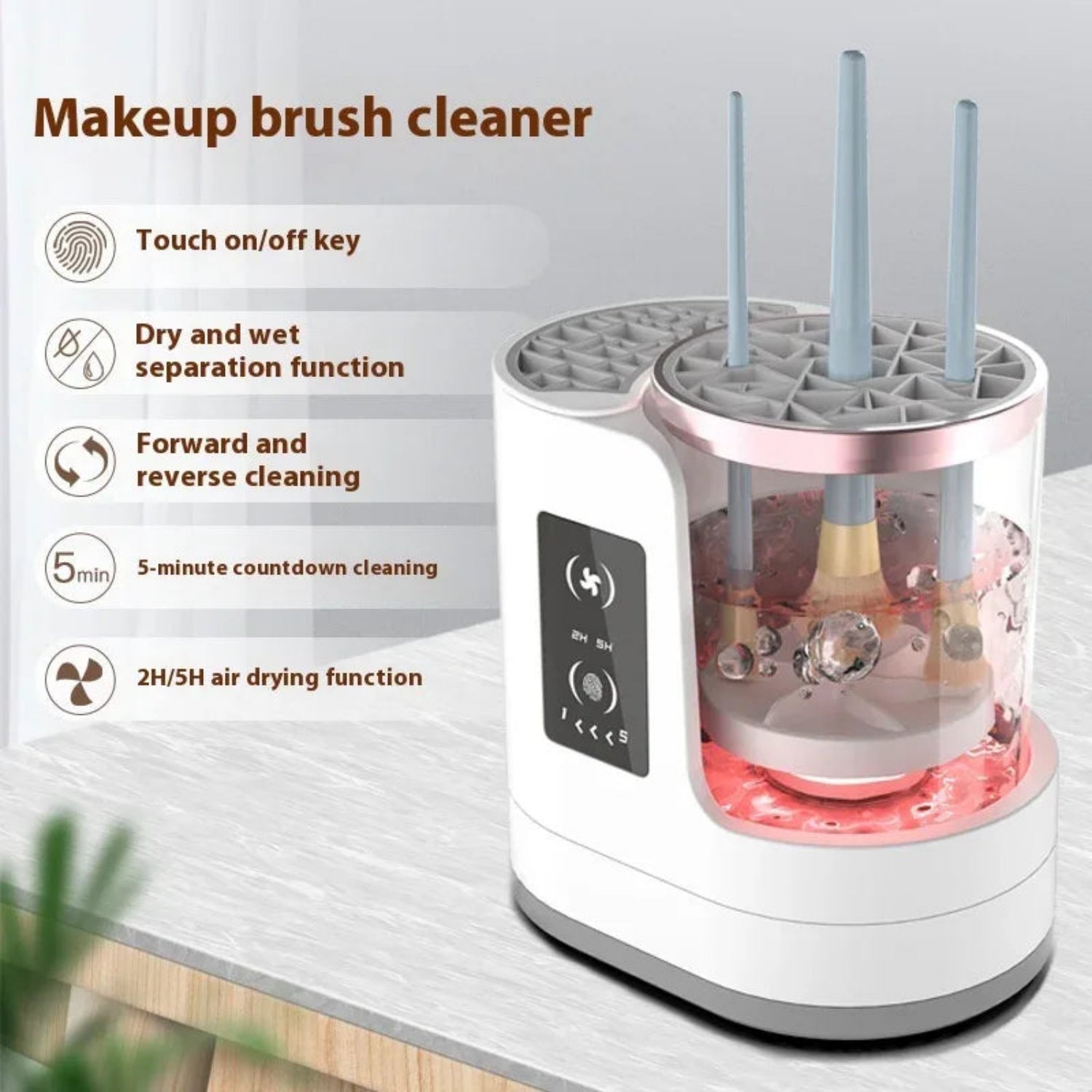 Makeup brush cleaner with features listed on a light gray background