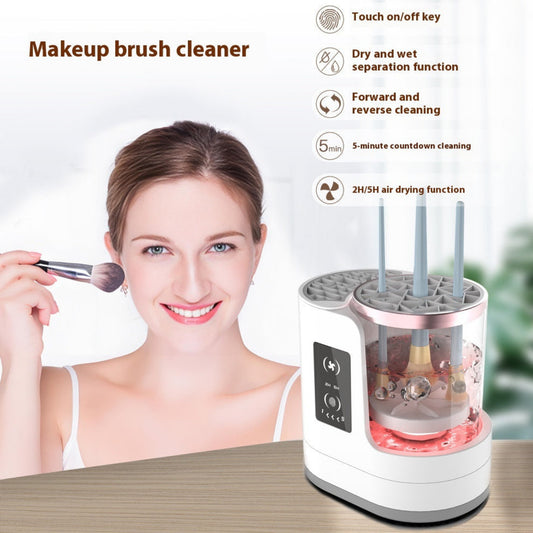 Makeup brush cleaner with a woman using a brush, featuring text on its functions.