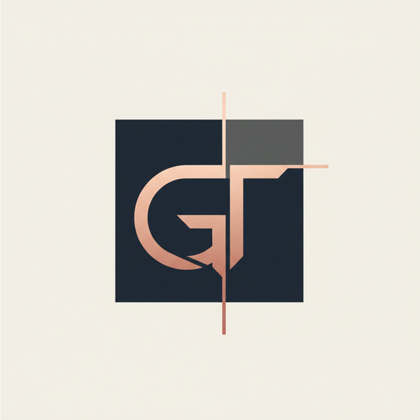 Logo with a stylized 'GF' design on a beige background