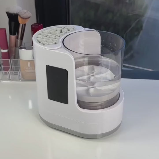 Makeup CleanBrush Pro demonstration - Professional electric makeup brush cleaner in action showing 3-in-1 cleaning, drying and sanitizing process