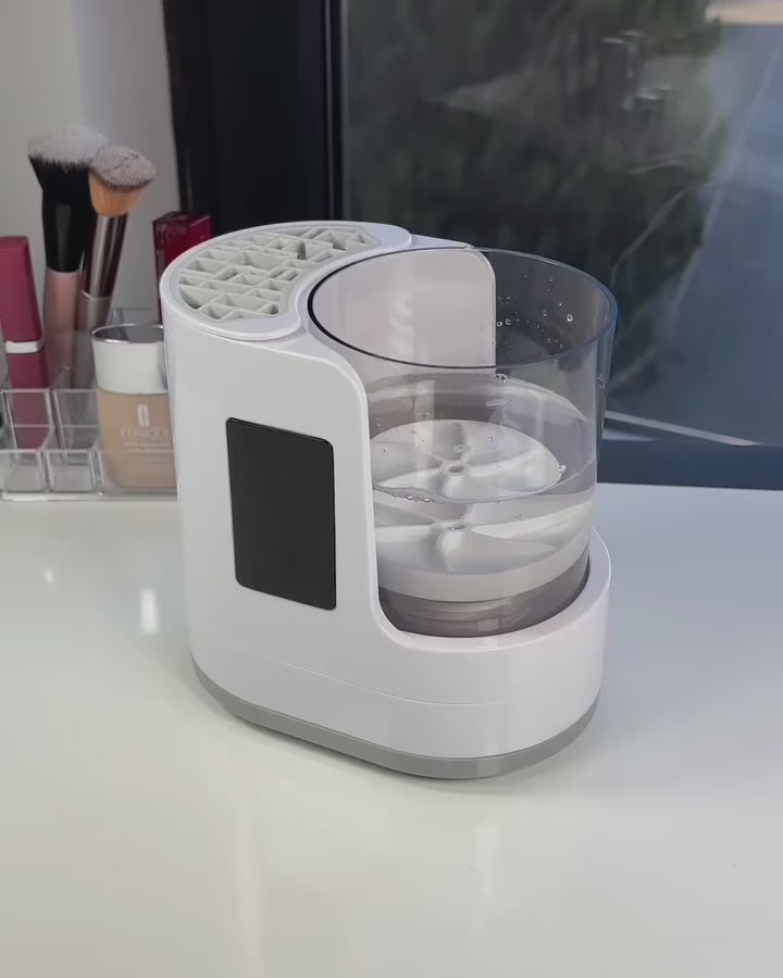 Makeup CleanBrush Pro demonstration - Professional electric makeup brush cleaner in action showing 3-in-1 cleaning, drying and sanitizing process